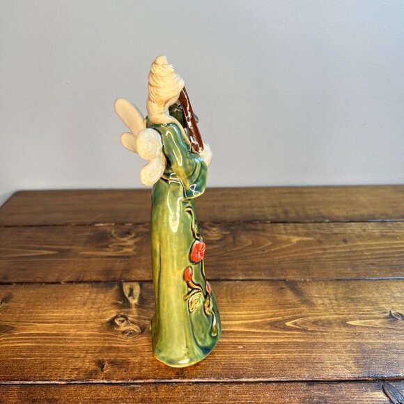 Woman with Wings Playing Mandolin Fairy Angel Ceramic green Figurine - Picture 3 of 10